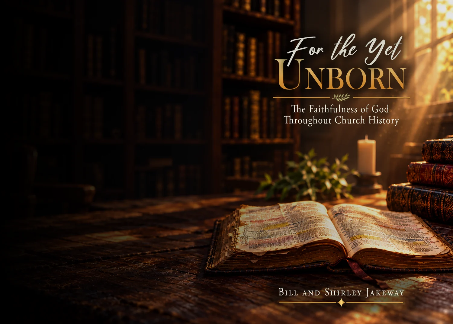 Book title displayed over a historic library and open Bible scene